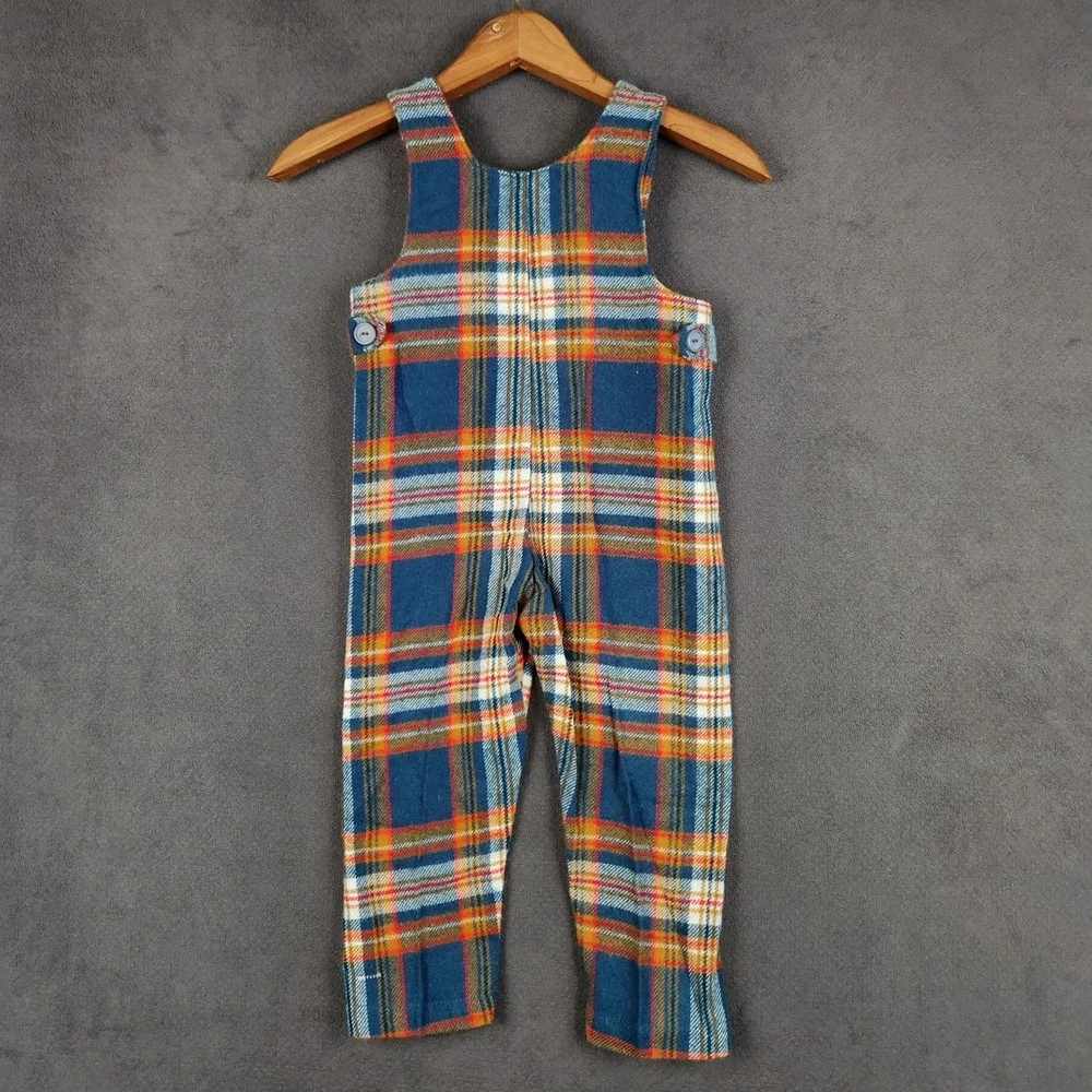 Vintage Corn Cobber Bib Overalls Kids 5 Blue Orange Plaid Retro 70s 80s Farm